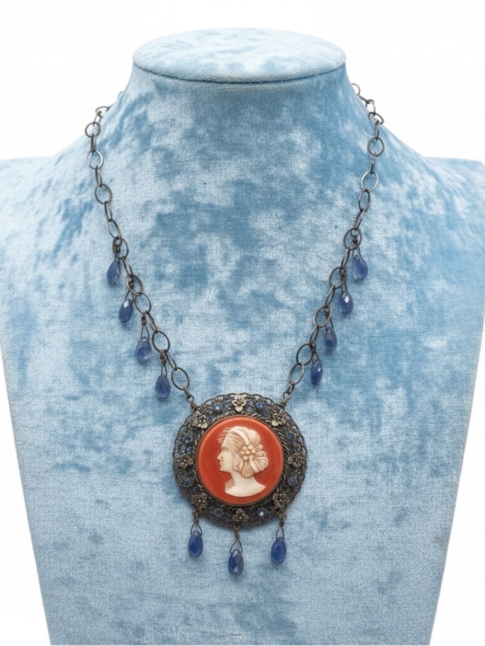 Vintage Handmade OOAK Cameo Necklace, Gemstone Dangle Statement Artisan Necklace